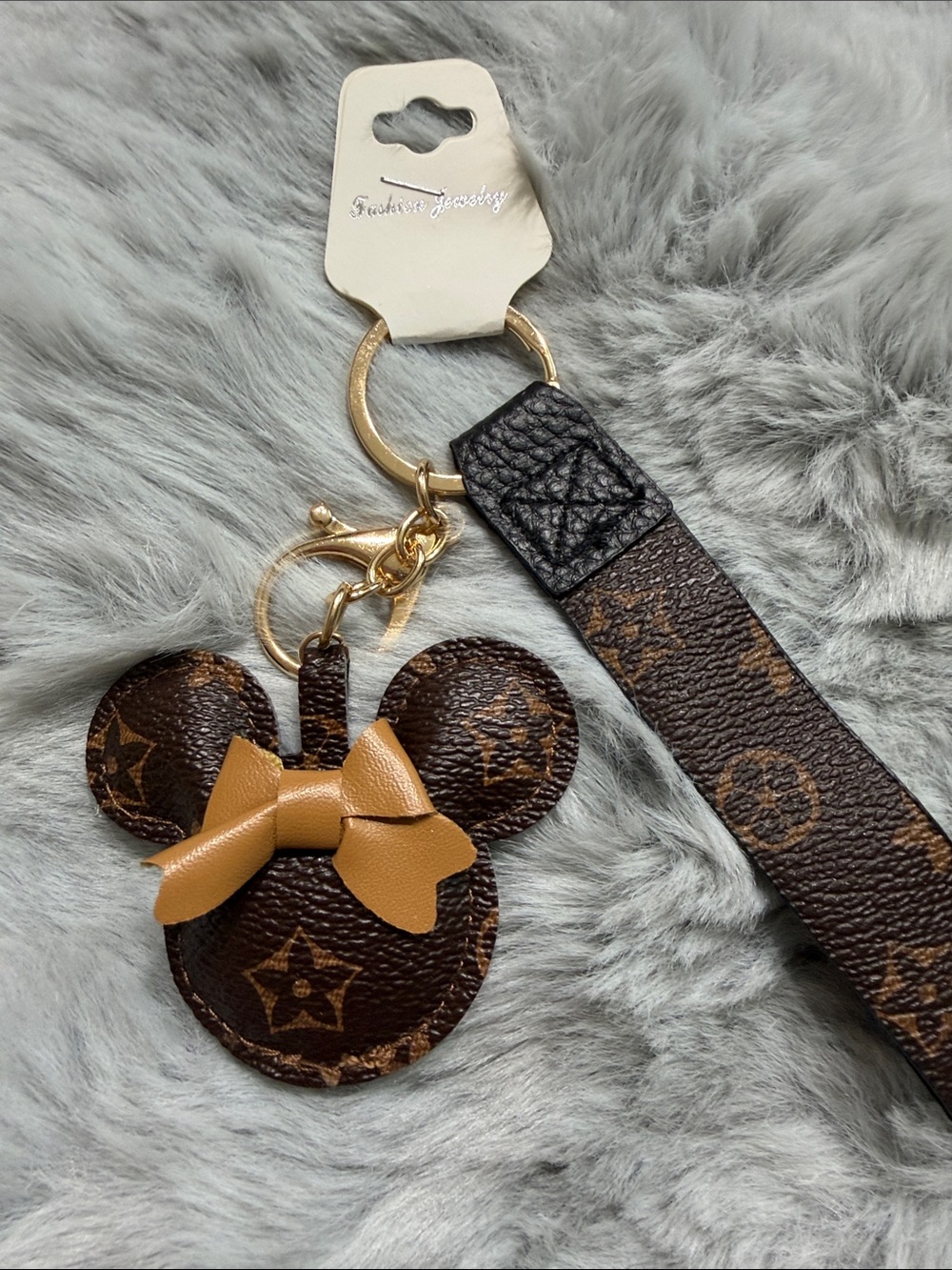 Dark Brown Monogram Mouse Keychain with Tan Bow lightweight